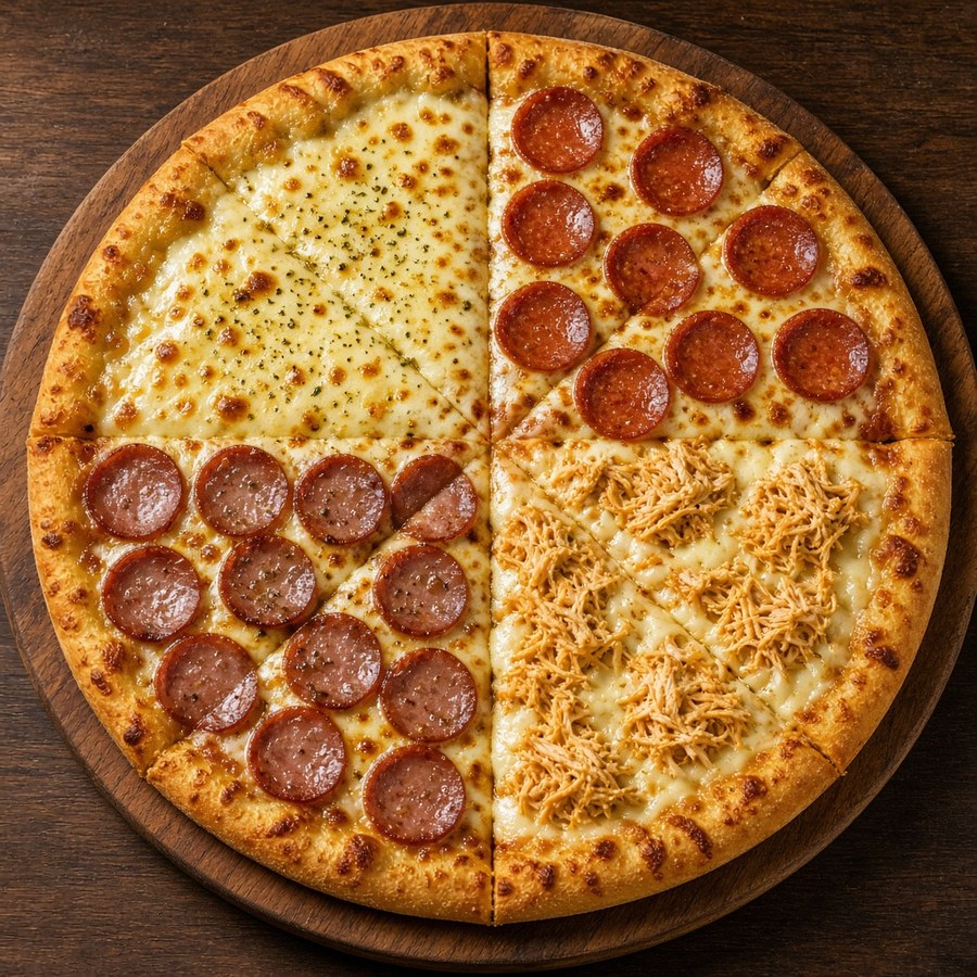 Pizza Grande, 10 pedaços e quatro sabores